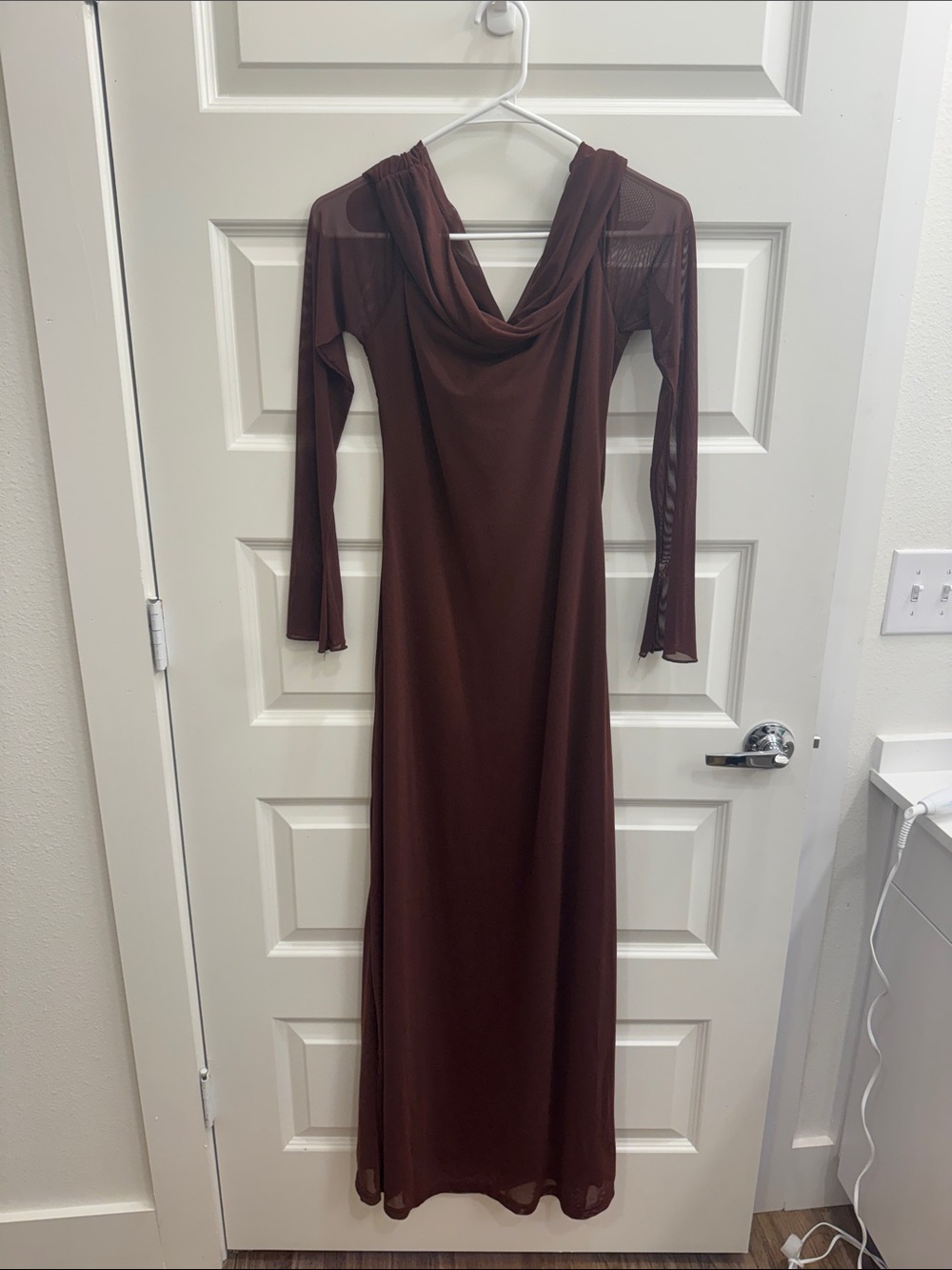 Brown Long Sleeve Cowl Neck Maxi Dress